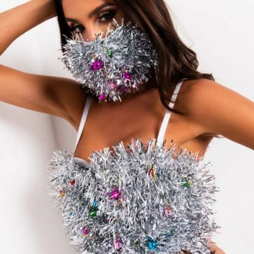 Holiday Jingle Bells Tinsel Bustier & Mask Set